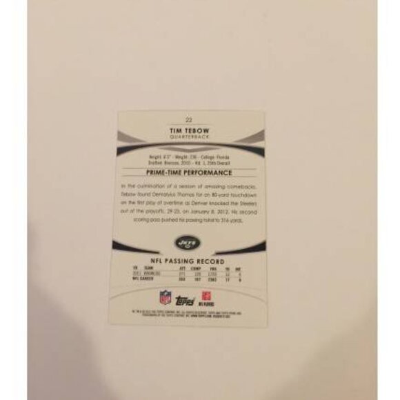 2012 Topps Prime Tim Tebow Jets #22 (050) - Picture 2 of 2
